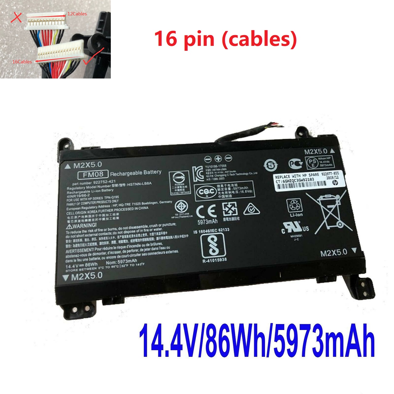 16 Cables FM08 HP 922752-421, 922753-421, 922976-855, 922977-855 compatible battery